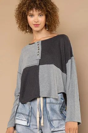 POL Round neck long sleeve button front knit top - Mystic Grey