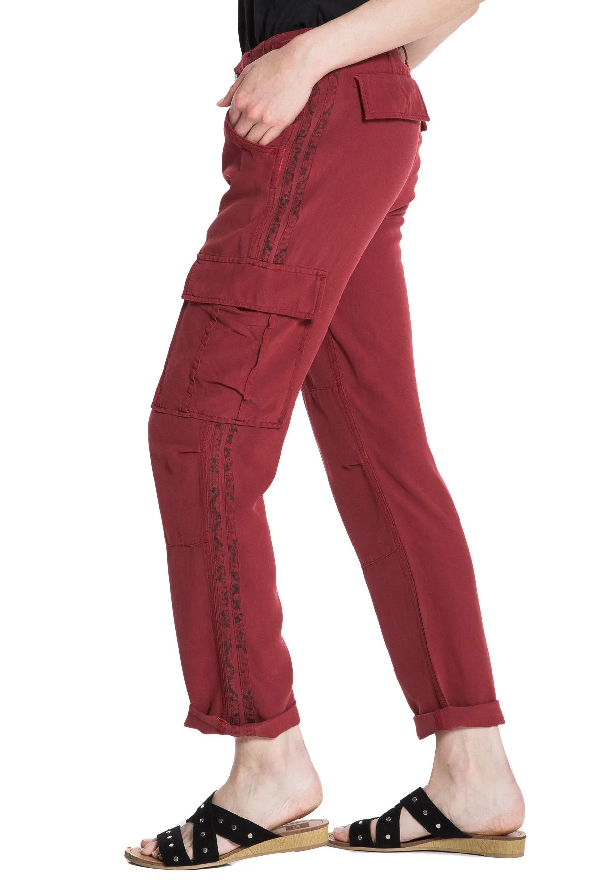 100% Silk cargo pants with side tapes in Rosewood