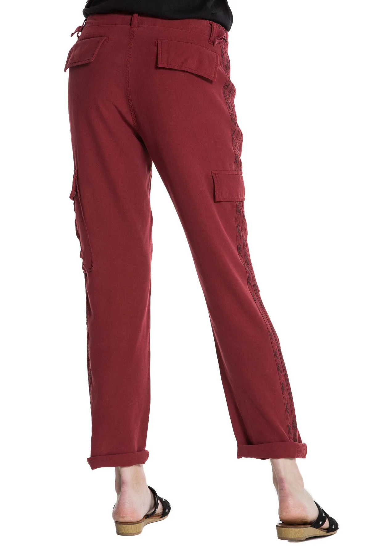 100% Silk cargo pants with side tapes in Rosewood