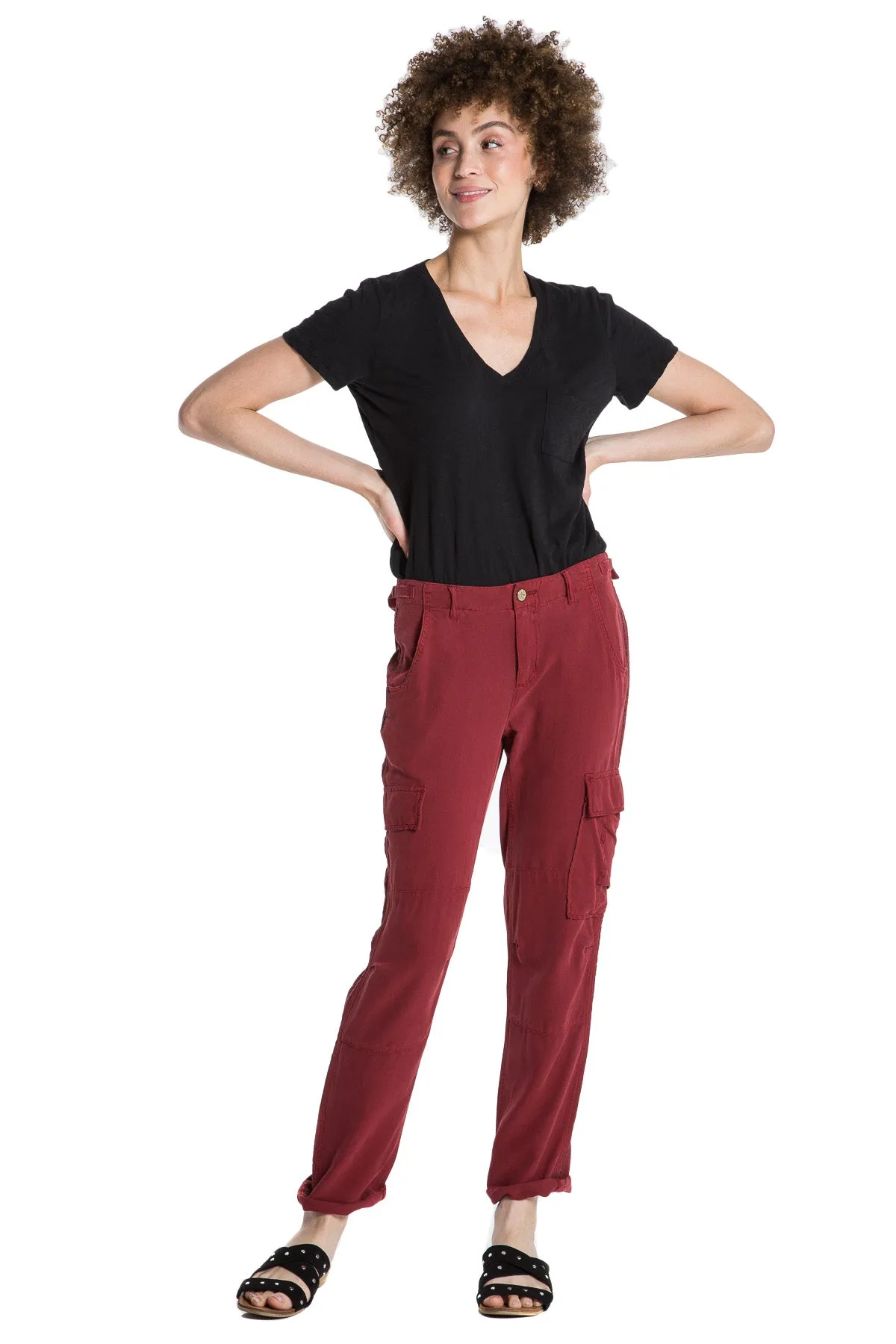 100% Silk cargo pants with side tapes in Rosewood