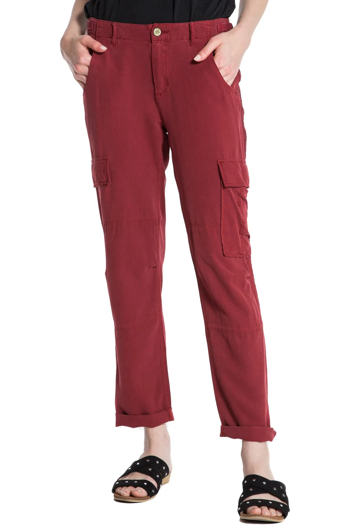 100% Silk cargo pants with side tapes in Rosewood