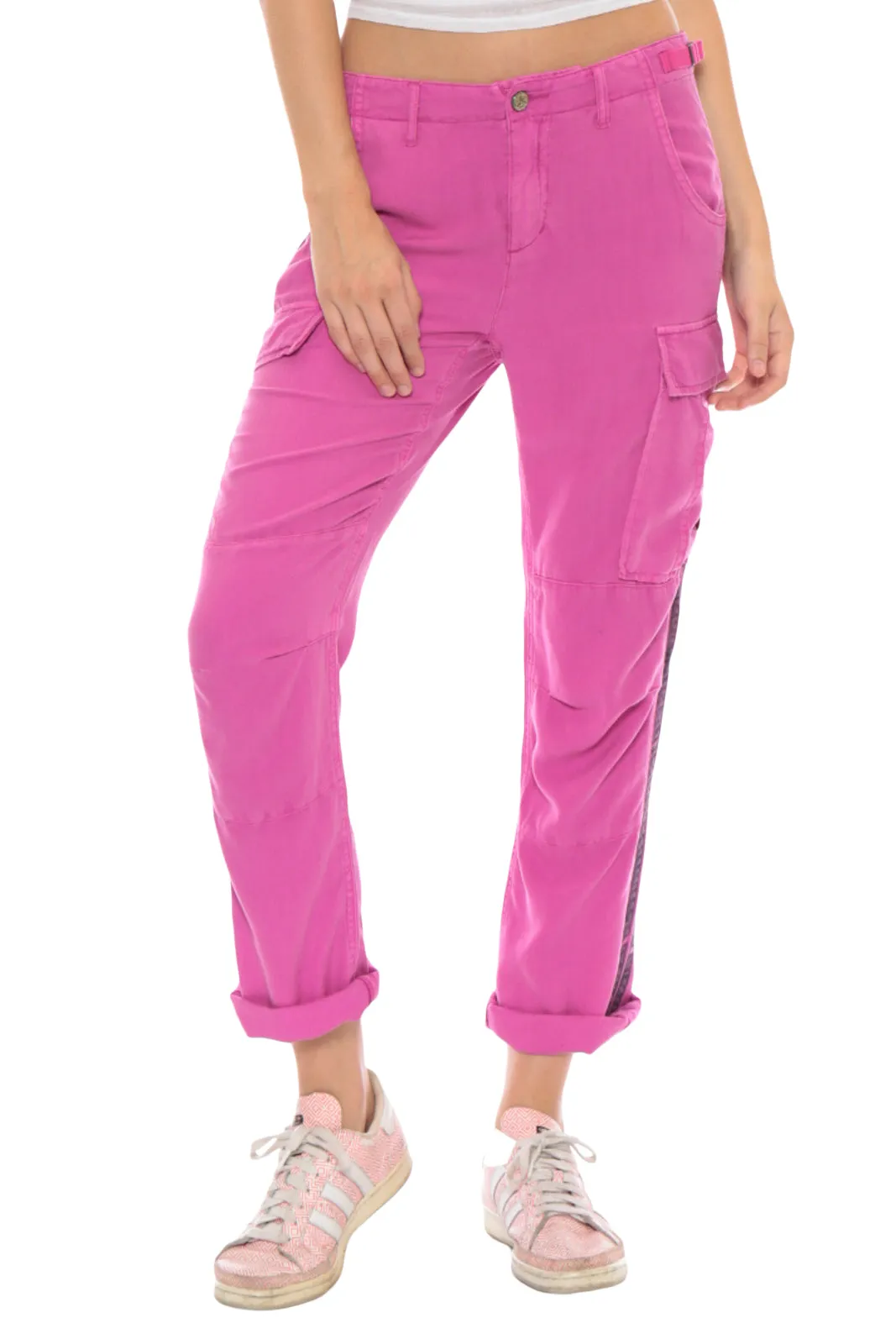 100% Silk rolled cargo pants in Fuchsia