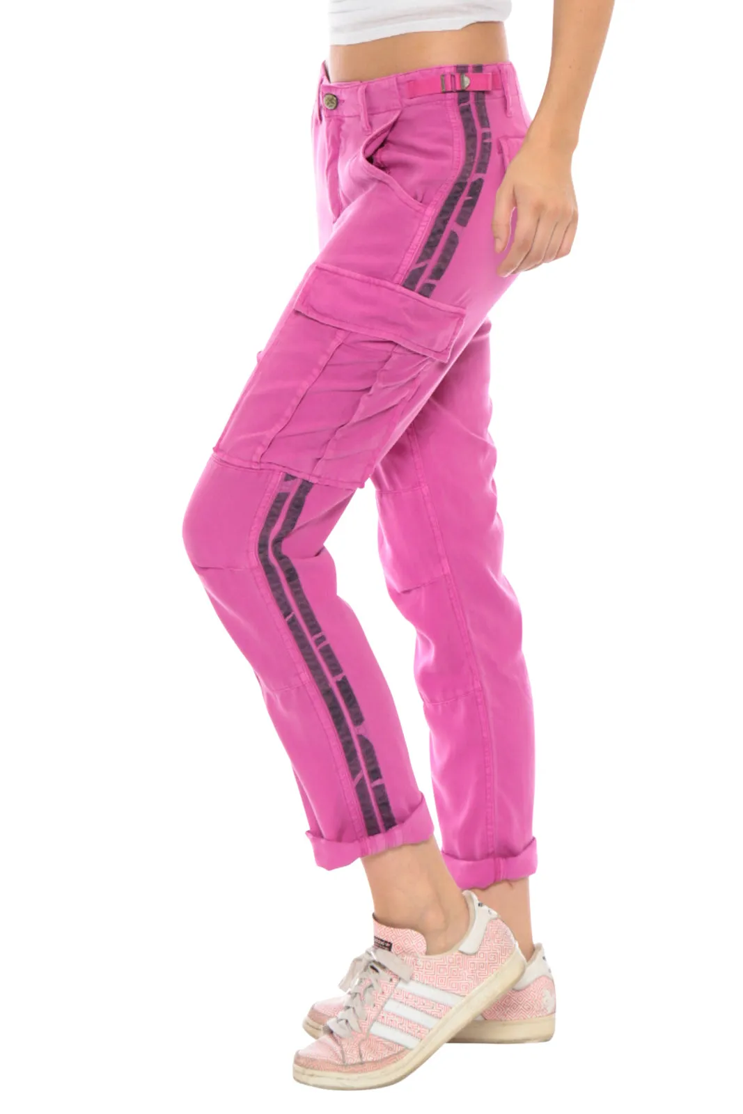 100% Silk rolled cargo pants in Fuchsia