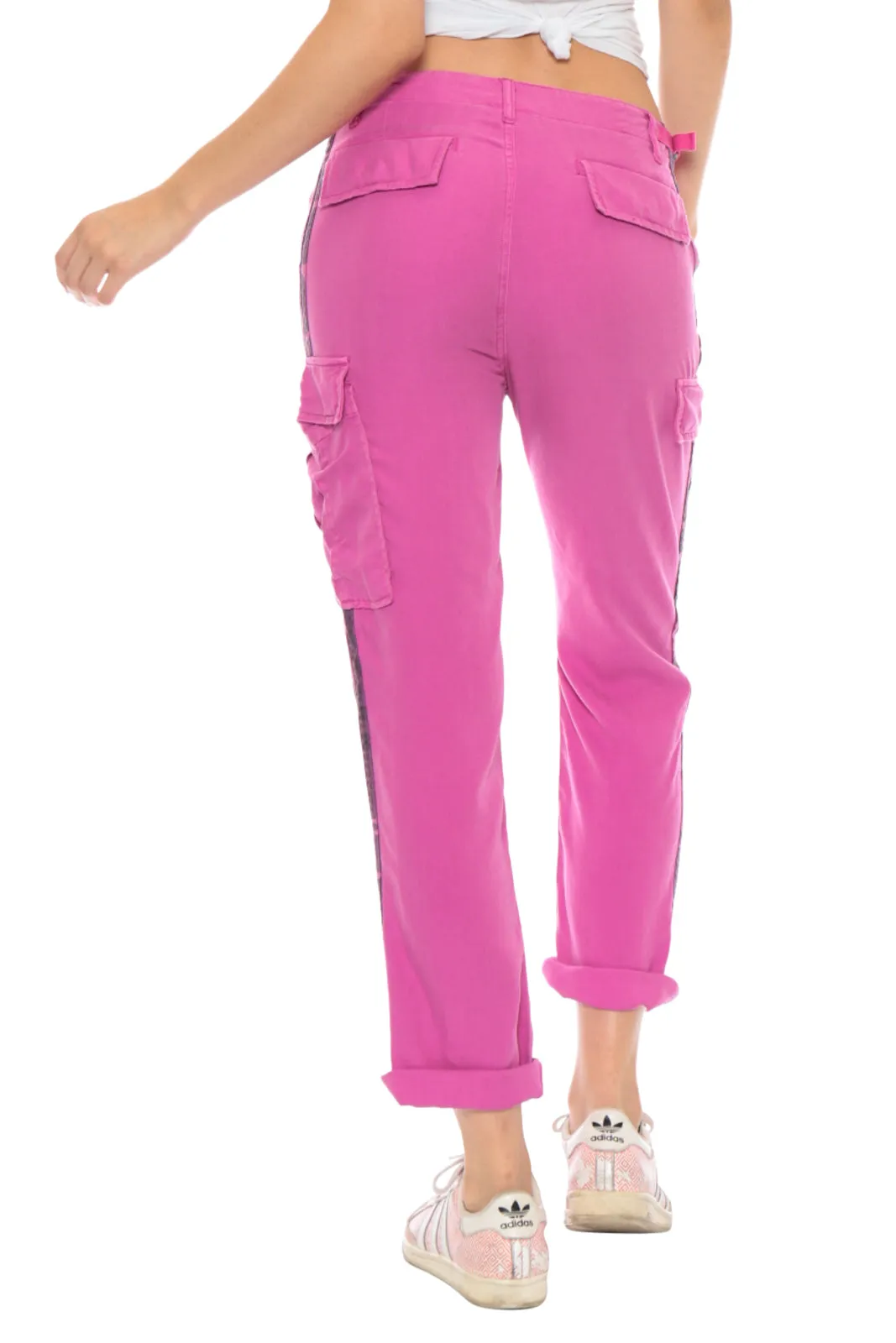 100% Silk rolled cargo pants in Fuchsia