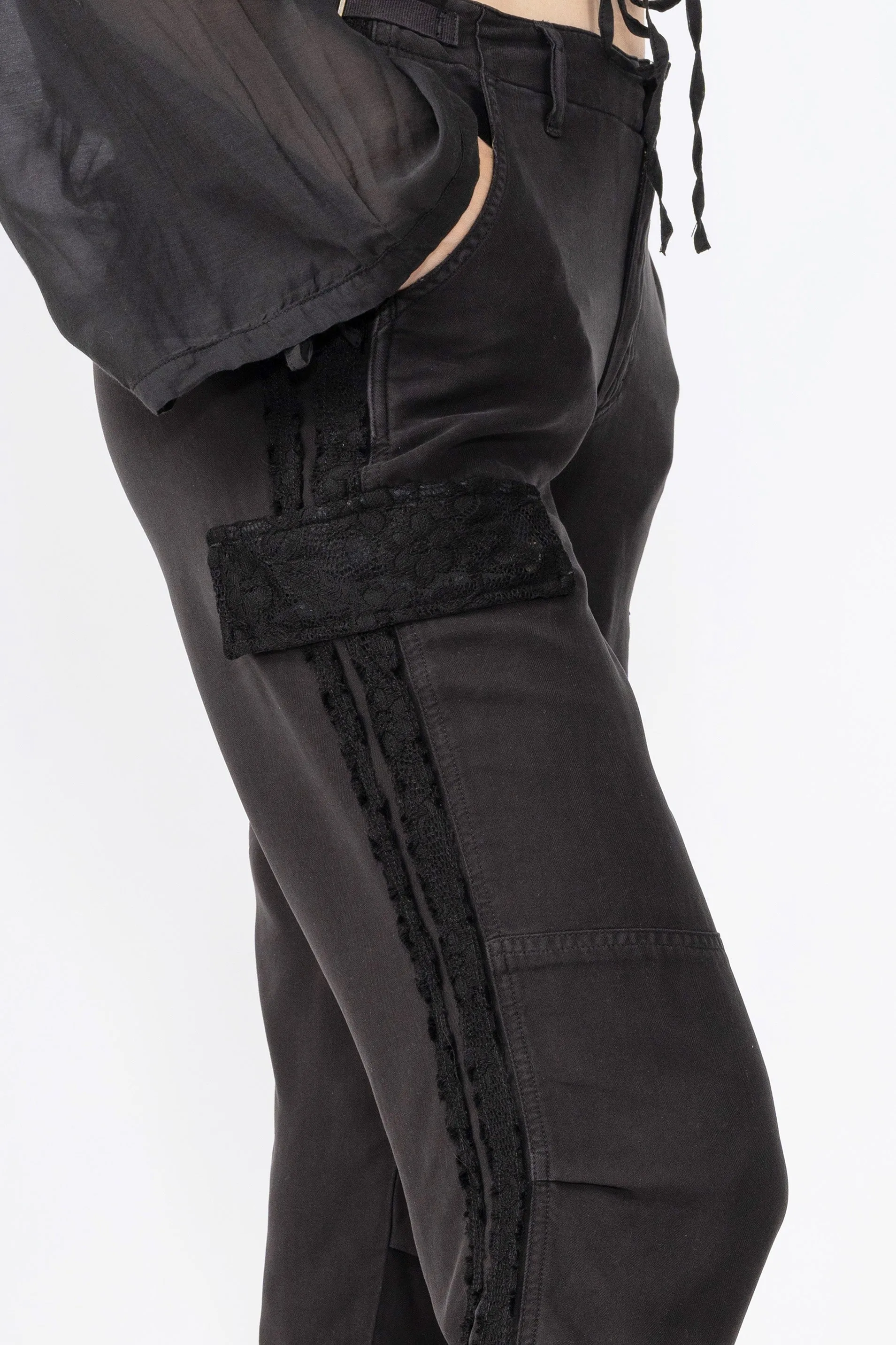 100% Silk rolled cargo pants with lace in Caviar