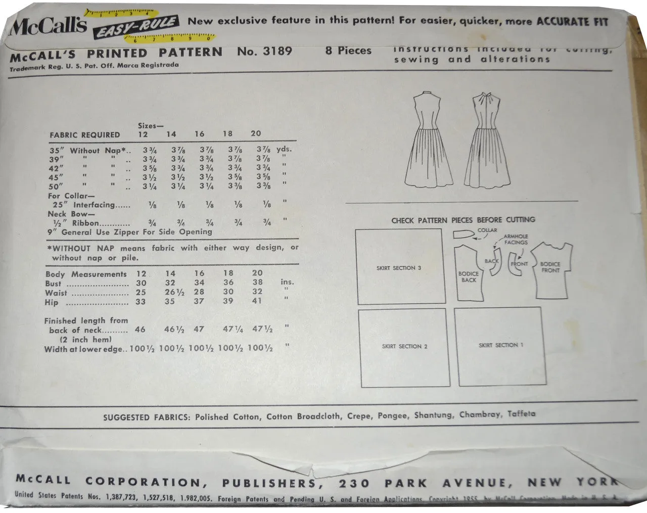 1950s Vintage Dress Pattern McCall's 3189 32B UNCUT