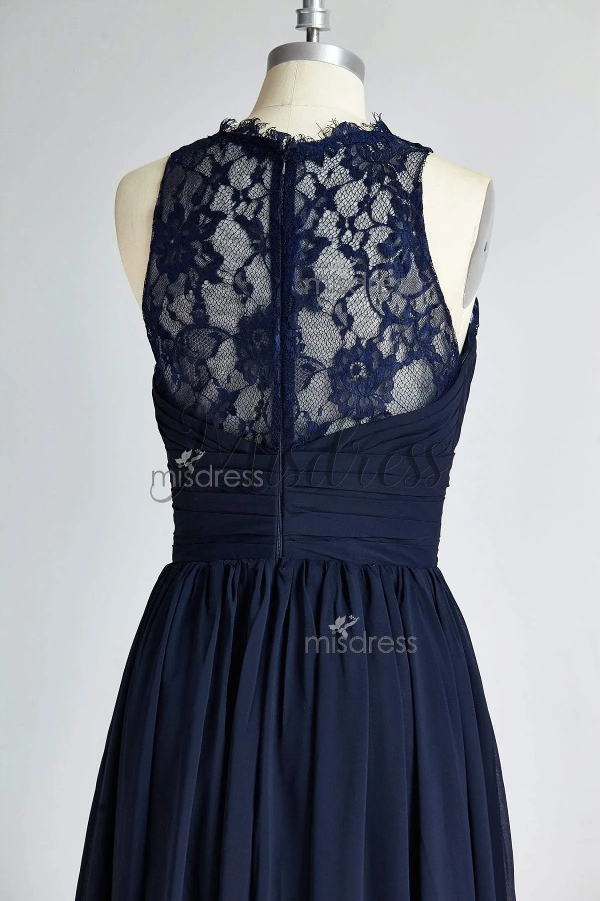 A-line Sheer Neckline Navy Blue Lace Chiffon Long Bridesmaid Dress