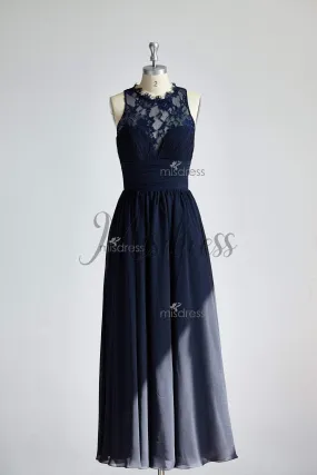 A-line Sheer Neckline Navy Blue Lace Chiffon Long Bridesmaid Dress