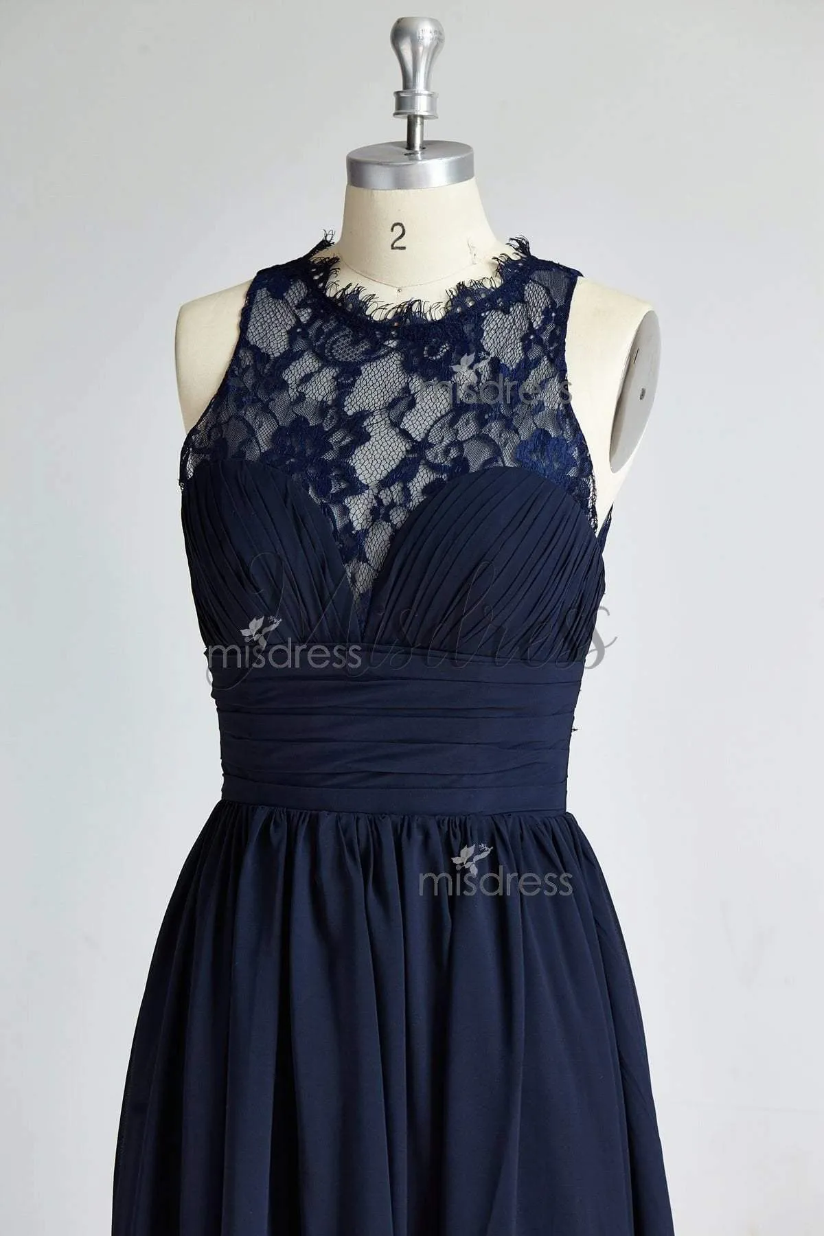 A-line Sheer Neckline Navy Blue Lace Chiffon Long Bridesmaid Dress