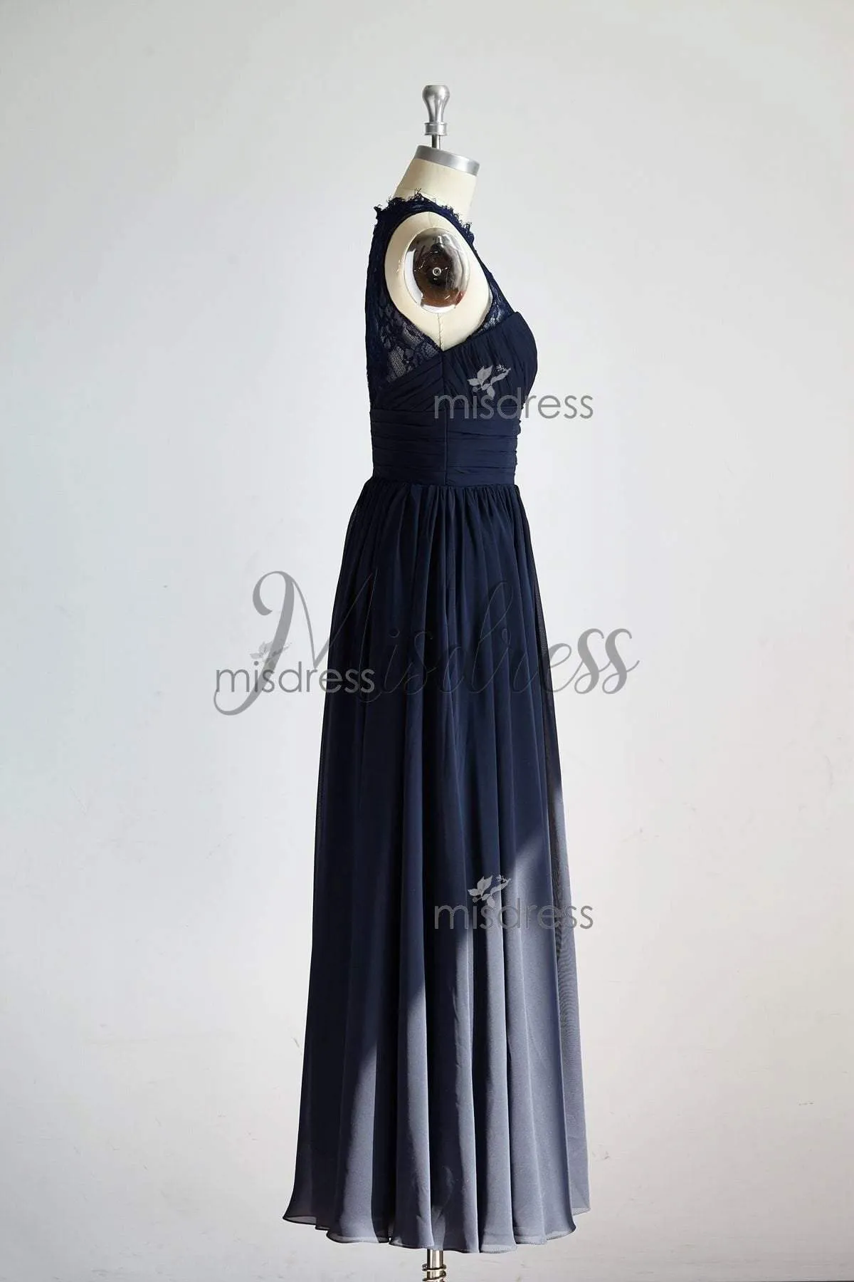 A-line Sheer Neckline Navy Blue Lace Chiffon Long Bridesmaid Dress