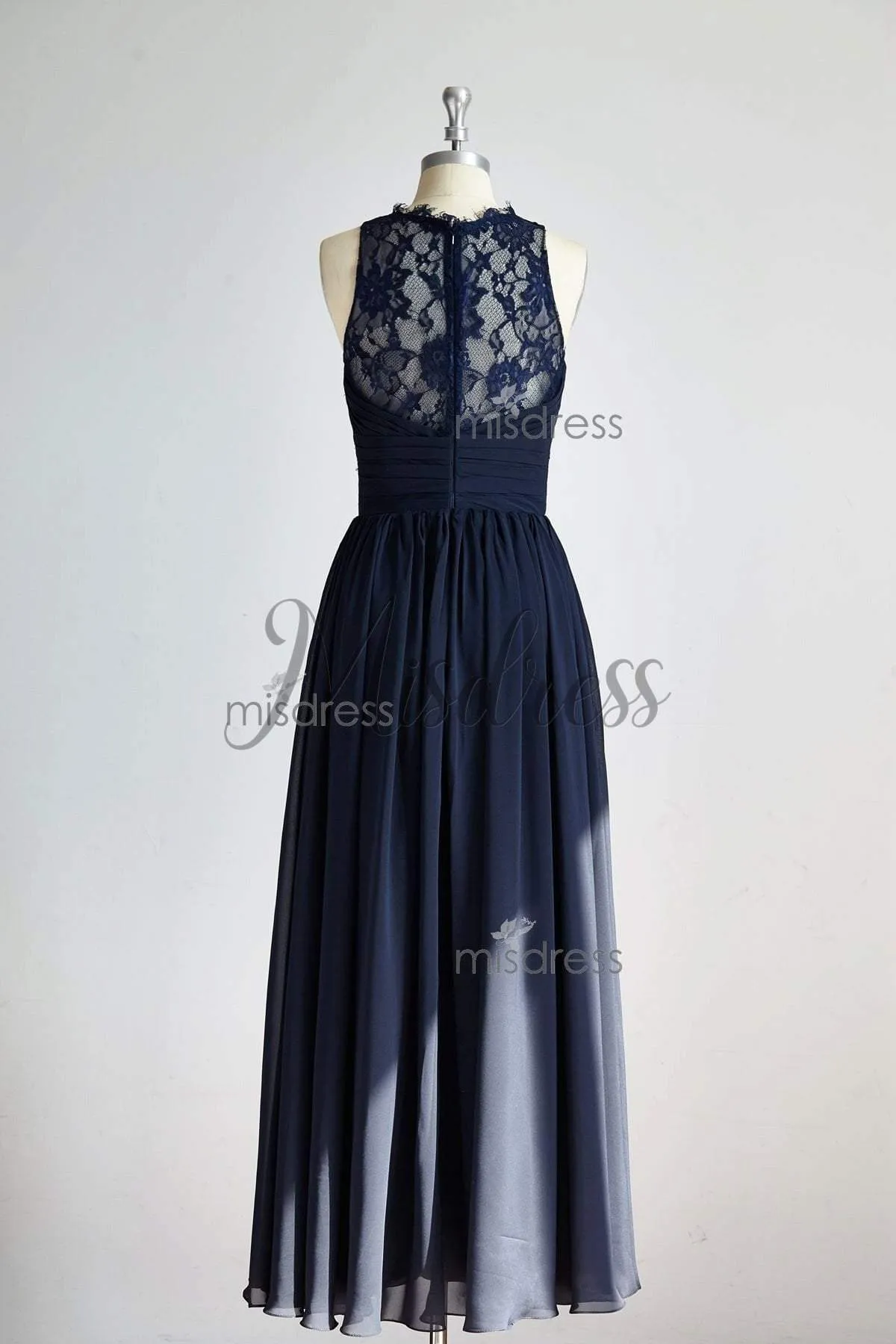 A-line Sheer Neckline Navy Blue Lace Chiffon Long Bridesmaid Dress