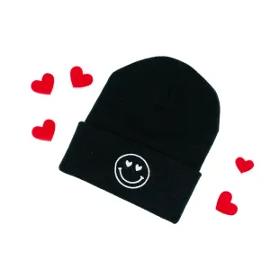 Adult Beanie - Heart Eye Smiley - Black w/ White