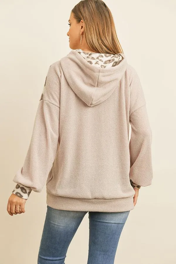 Animal Print Contrast Hoodie With Kangaroo Pockets