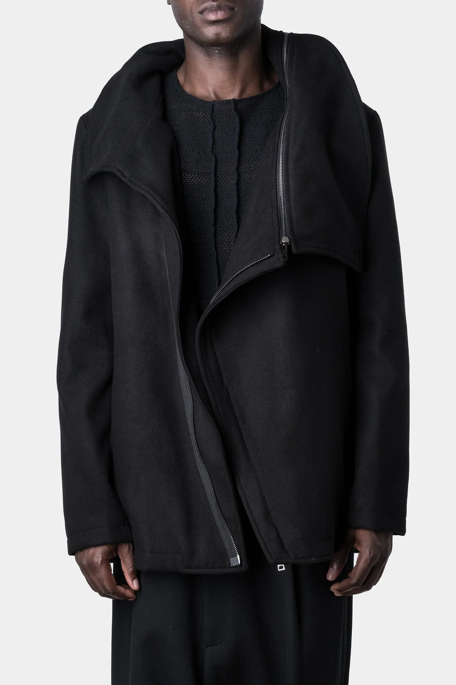 Asymmetrical zip quilted high neck jacket