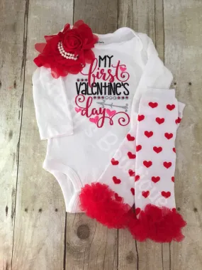 Baby Girls My 1st Valentines Day Shirt Legwarmers and headband -- Valentine's Shirt, headband, and legwarmers outfit