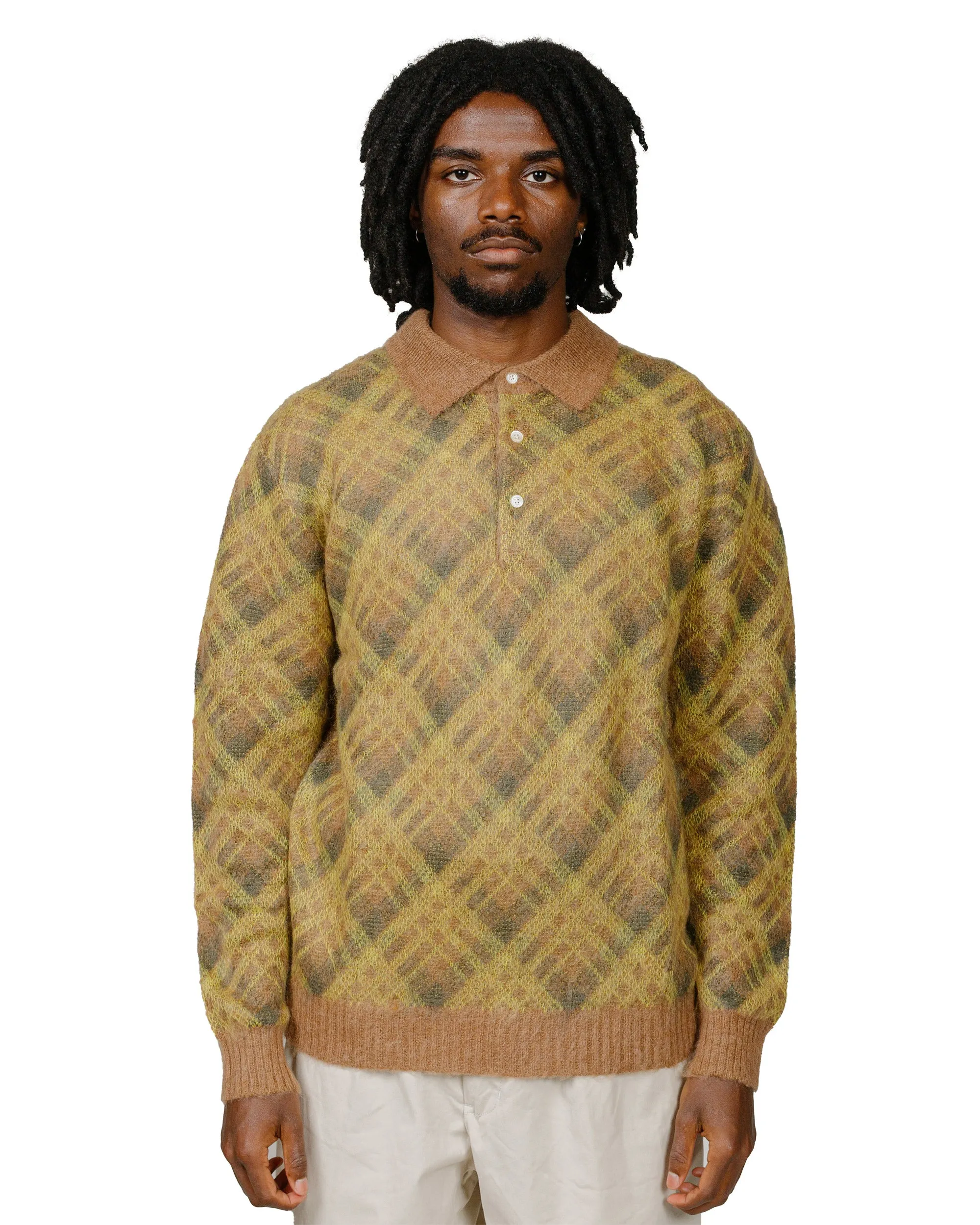 Beams Plus Knit Polo Plaid Brown