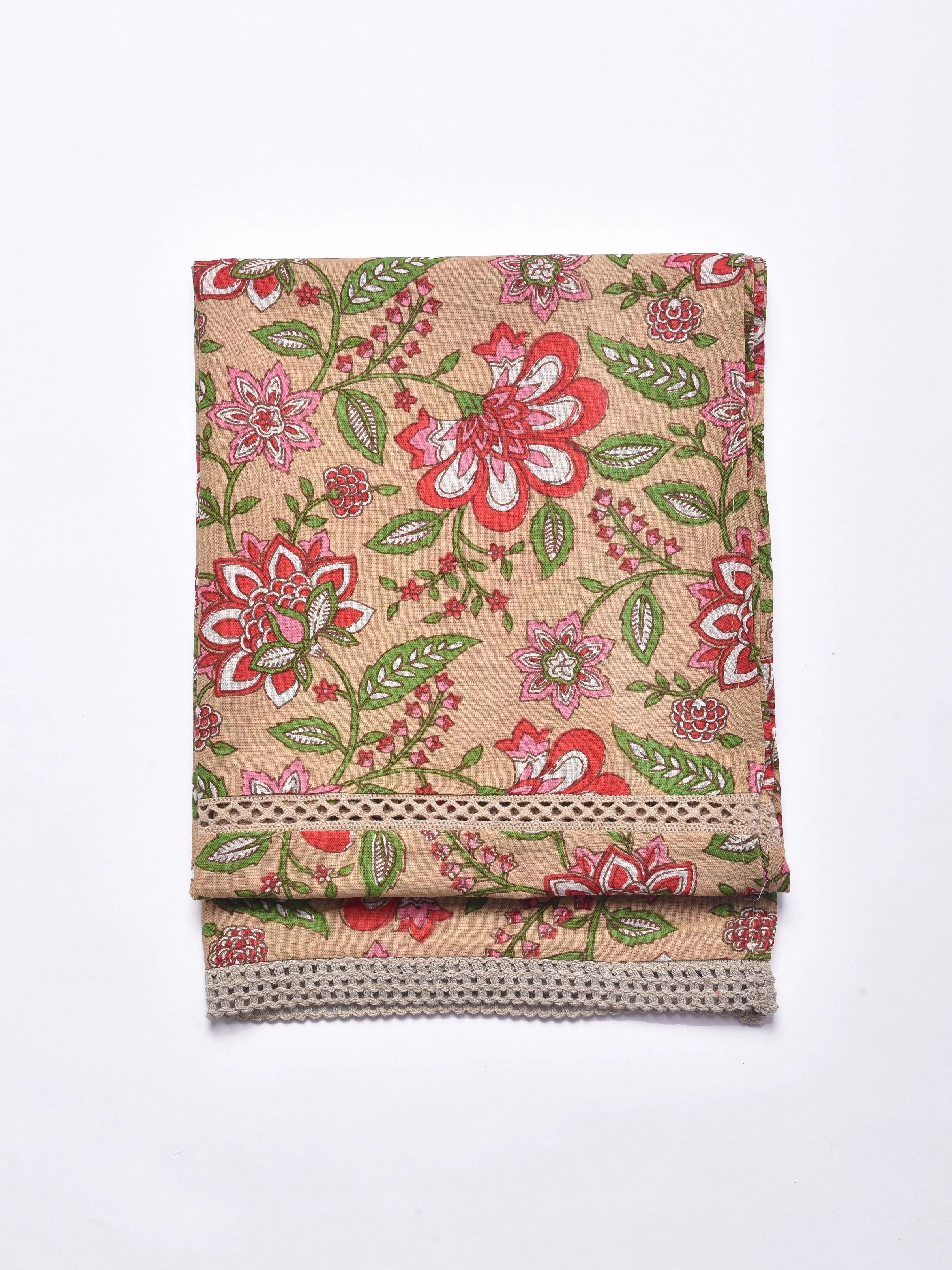 Beige Floral Block Print Cotton Stole