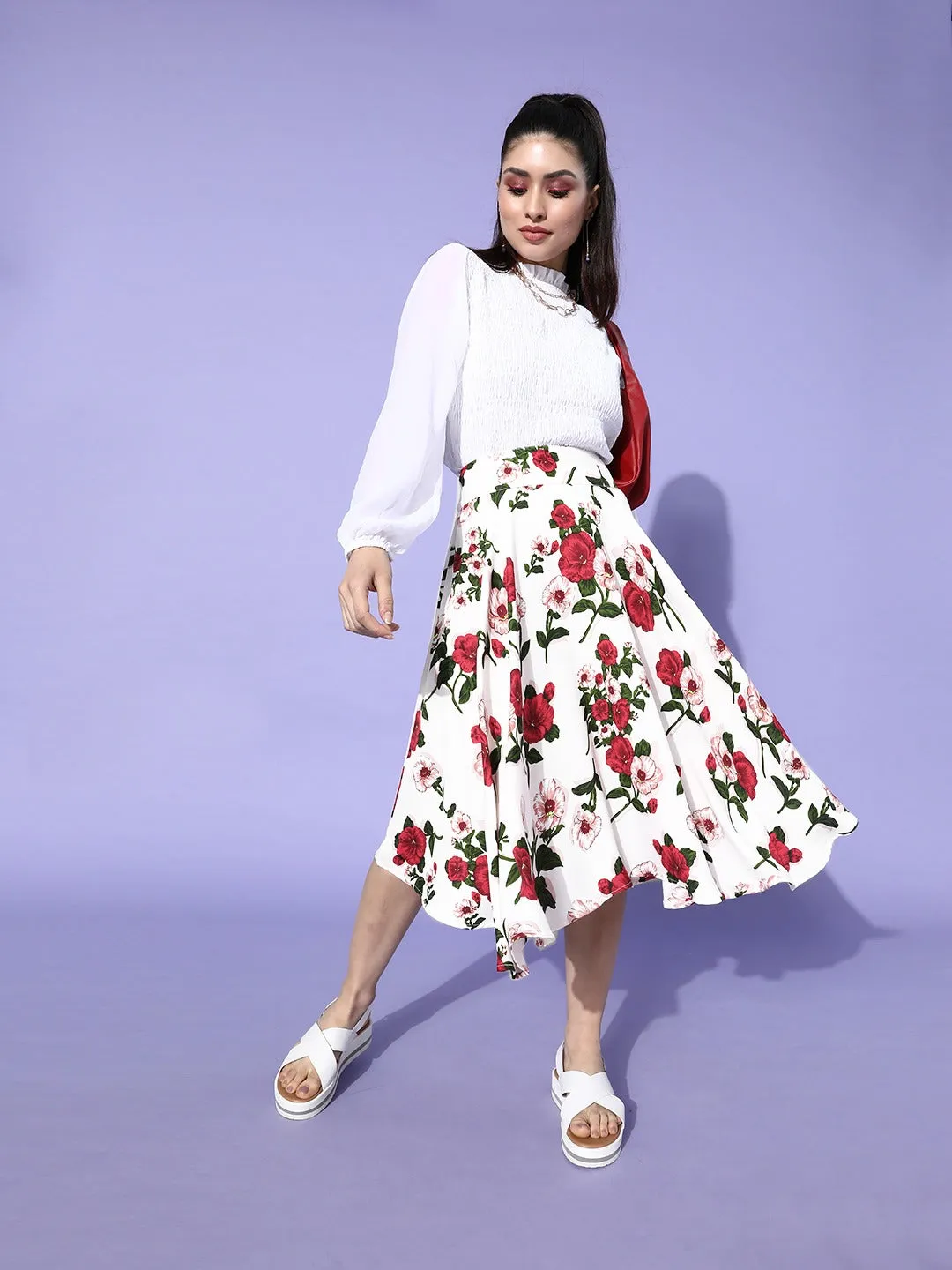 Berrylush Women White & Red Floral Printed Flared Skirt