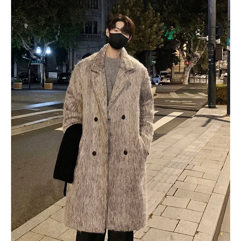 Bonsir Korean Style Medium-length Men's Trench Autumn Winter High Quality Loose Casual Woolen Coat Trendy Overcoat Khaki/Dark Gray