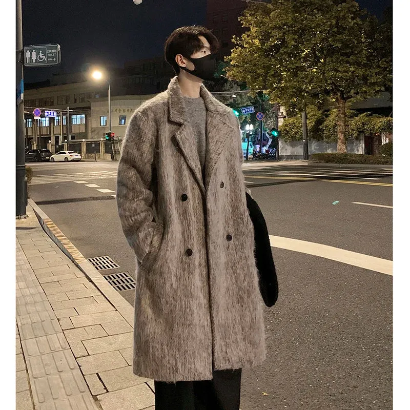 Bonsir Korean Style Medium-length Men's Trench Autumn Winter High Quality Loose Casual Woolen Coat Trendy Overcoat Khaki/Dark Gray