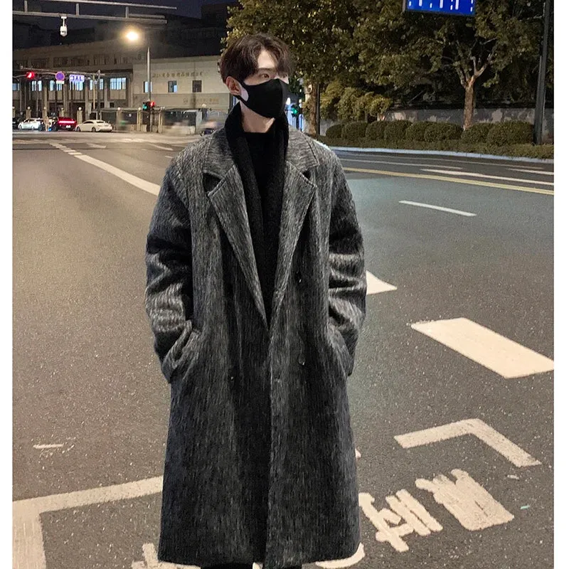 Bonsir Korean Style Medium-length Men's Trench Autumn Winter High Quality Loose Casual Woolen Coat Trendy Overcoat Khaki/Dark Gray