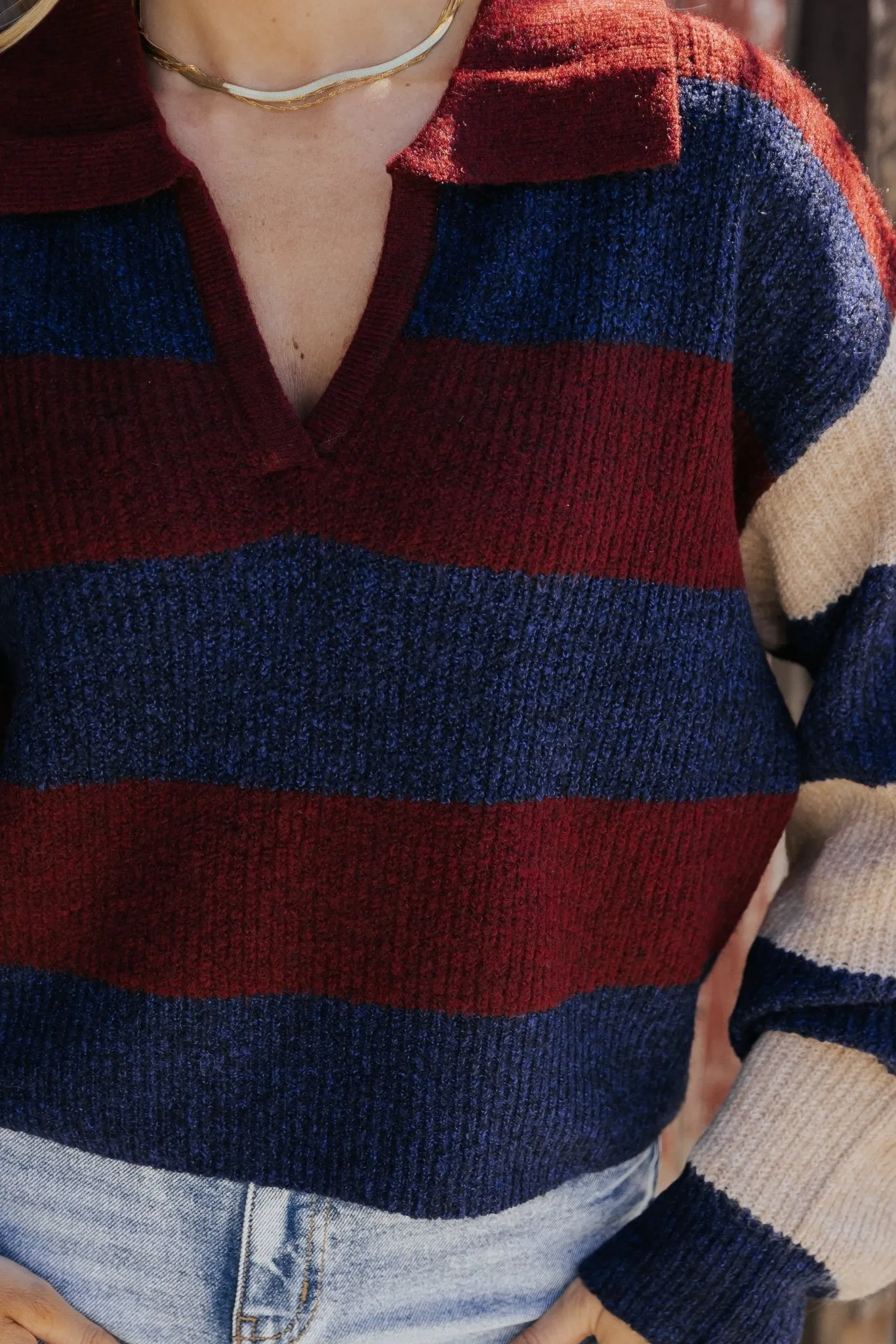 Burgundy Multi Striped Pullover Sweater - DOORBUSTER