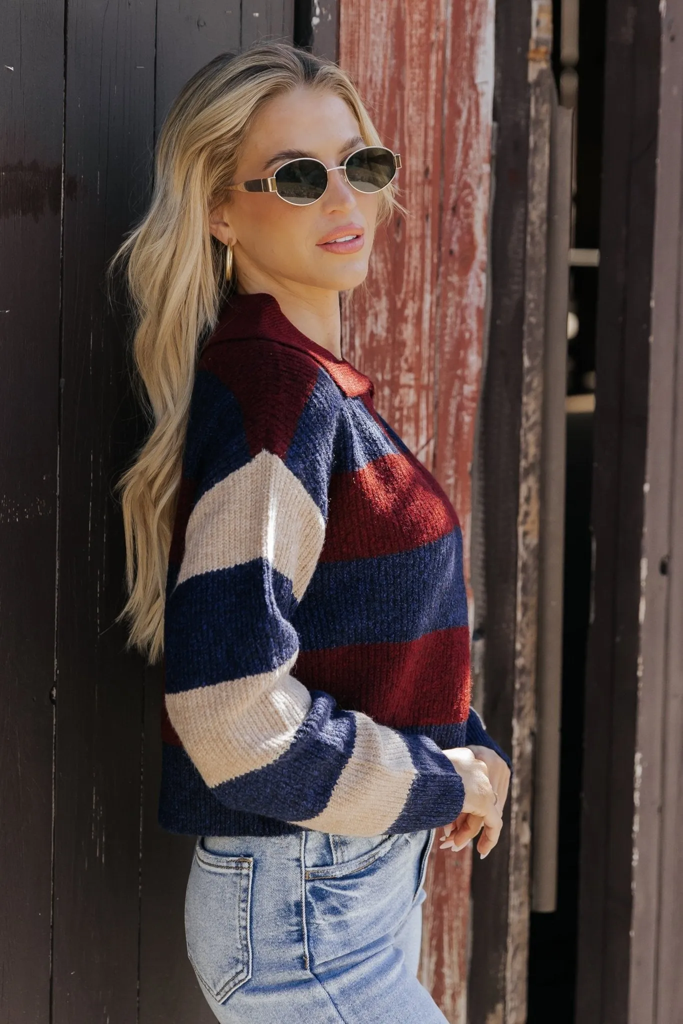 Burgundy Multi Striped Pullover Sweater - DOORBUSTER