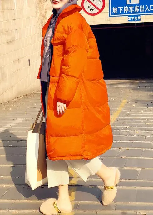 Casual orange down coat winter Loose fitting winter jacket stand collar Cinched quality overcoat