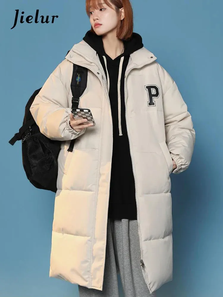 Casual P Letter Print Cotton Jackets Women Bread Coat Female Korean Parkas Loose Brown White Jacket Woman Medium Length