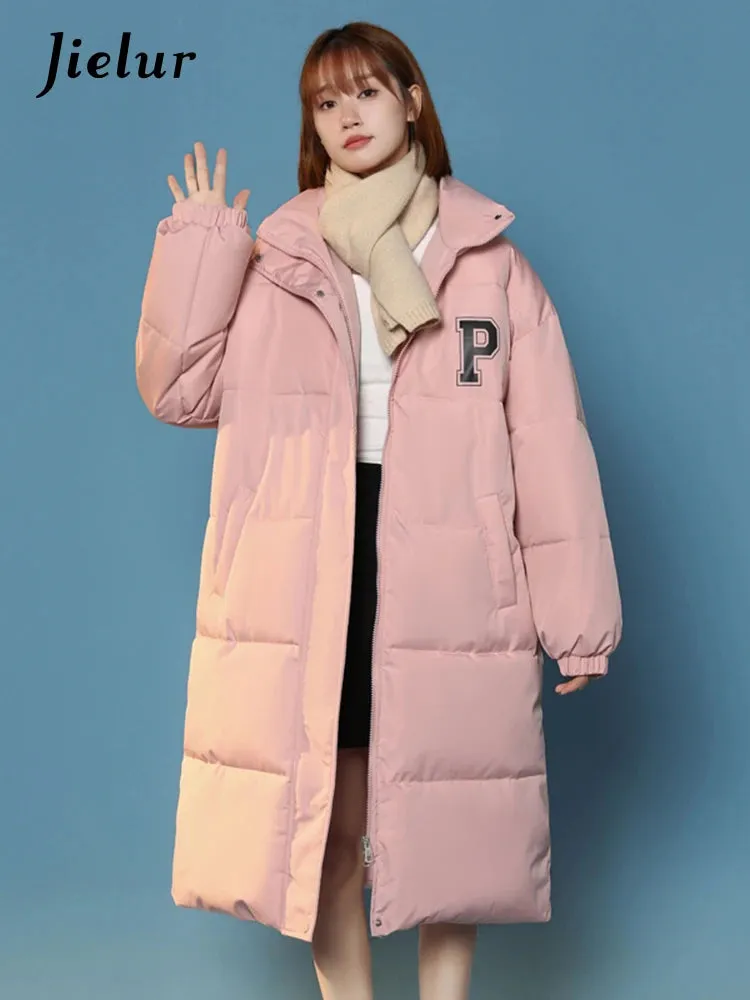 Casual P Letter Print Cotton Jackets Women Bread Coat Female Korean Parkas Loose Brown White Jacket Woman Medium Length