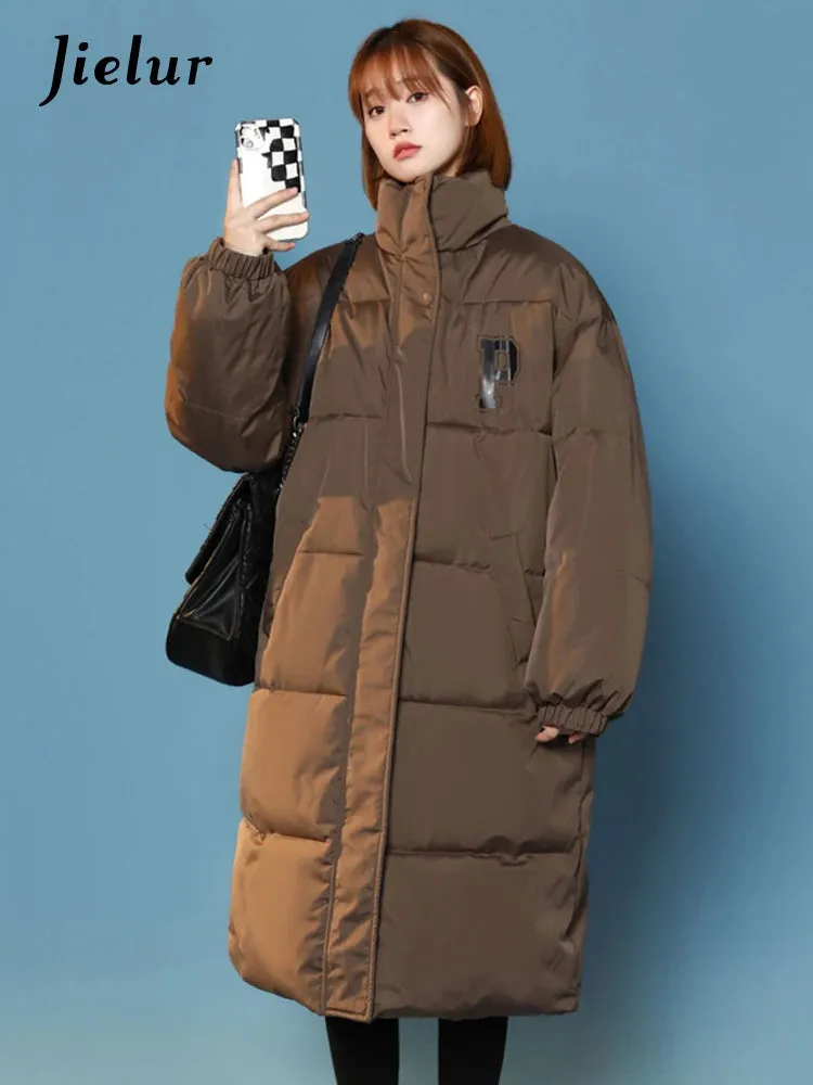 Casual P Letter Print Cotton Jackets Women Bread Coat Female Korean Parkas Loose Brown White Jacket Woman Medium Length