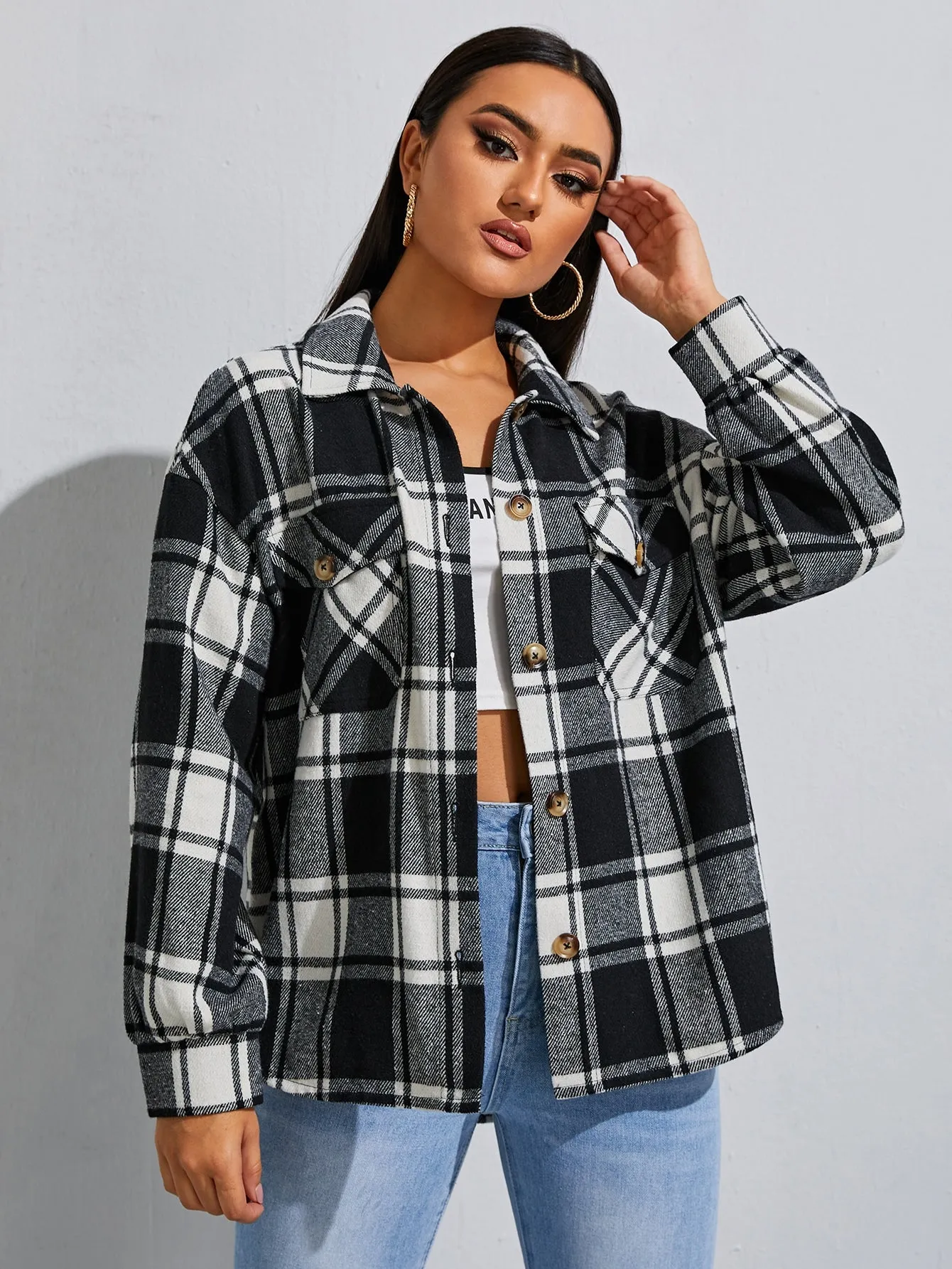 Casual Plaid Button Long Sleeve Collar Short Women Overcoat