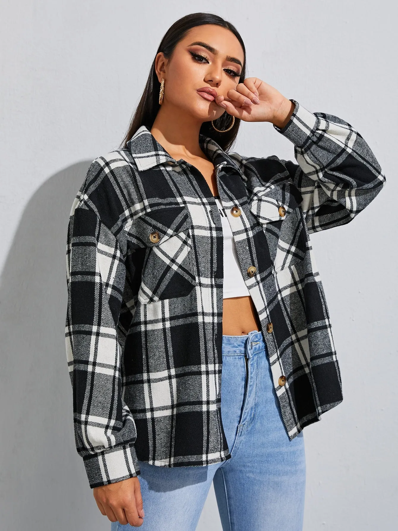 Casual Plaid Button Long Sleeve Collar Short Women Overcoat