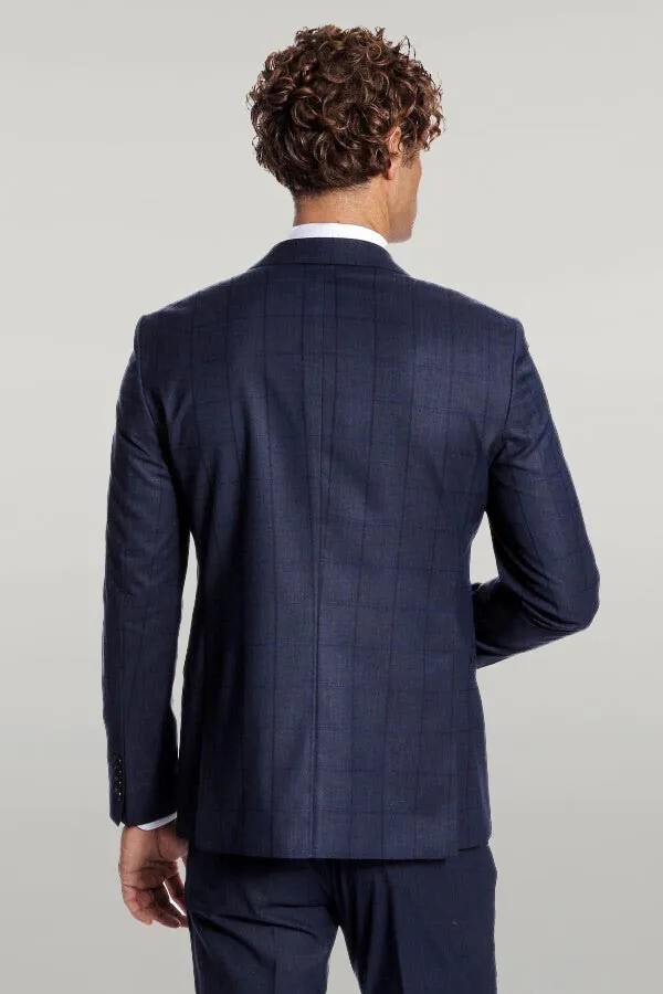 Checked Vested Slim Fit Navy Blue Men Suit - Wessi