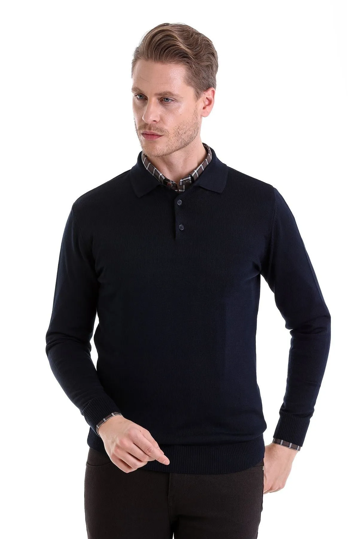 Comfort Fit Wool Blend Navy Polo Sweater