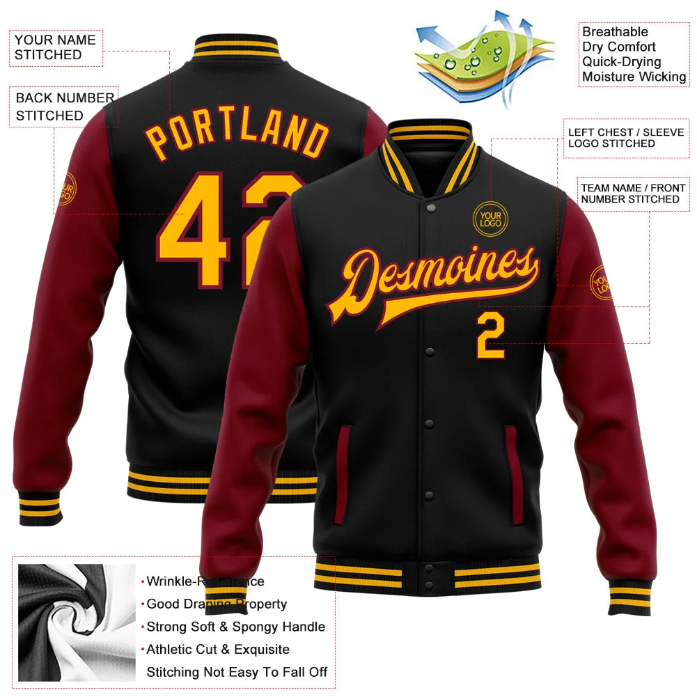 Custom Black Gold-Crimson Bomber Full-Snap Varsity Letterman Two Tone Jacket