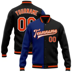 Custom Black Orange-Royal Bomber Full-Snap Varsity Letterman Split Fashion Jacket