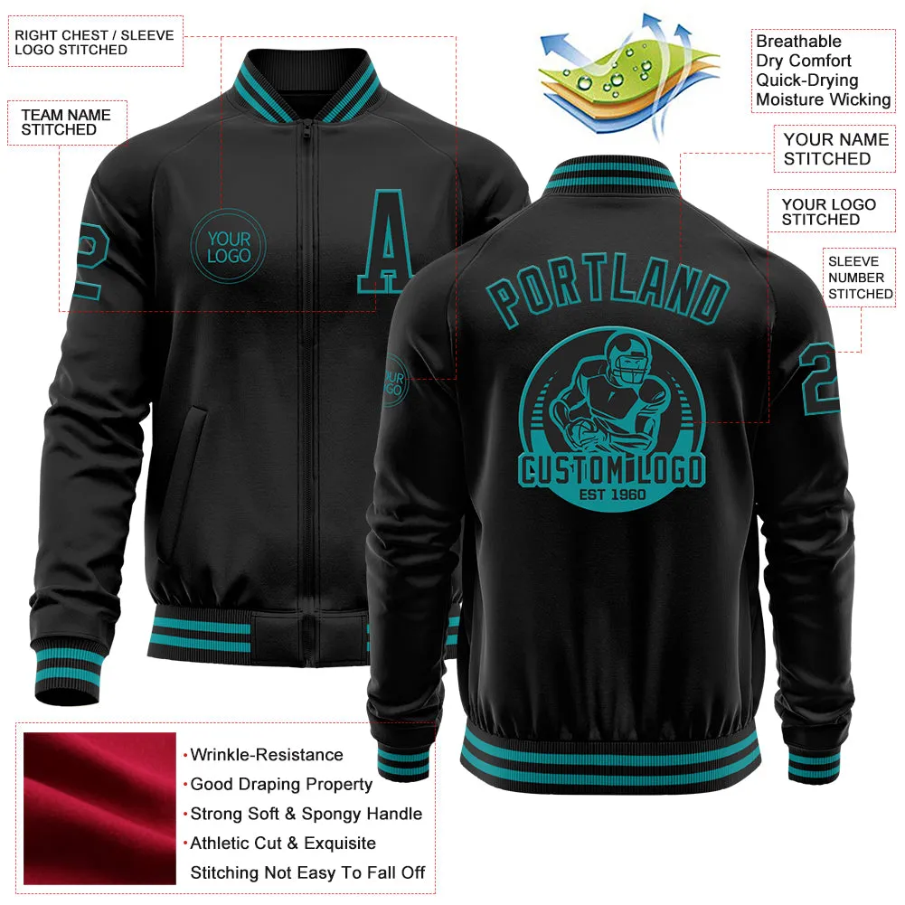 Custom Black Teal Bomber Varsity Letterman Zipper Jacket