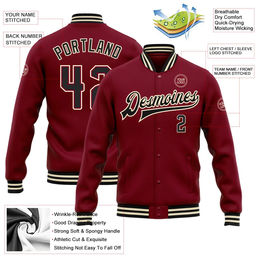 Custom Crimson Black-Cream Bomber Full-Snap Varsity Letterman Jacket