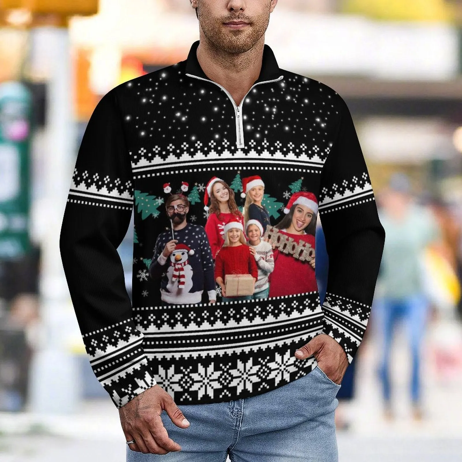 Custom Face Black Long Sleeve Men's Sweater Polos for Christmas