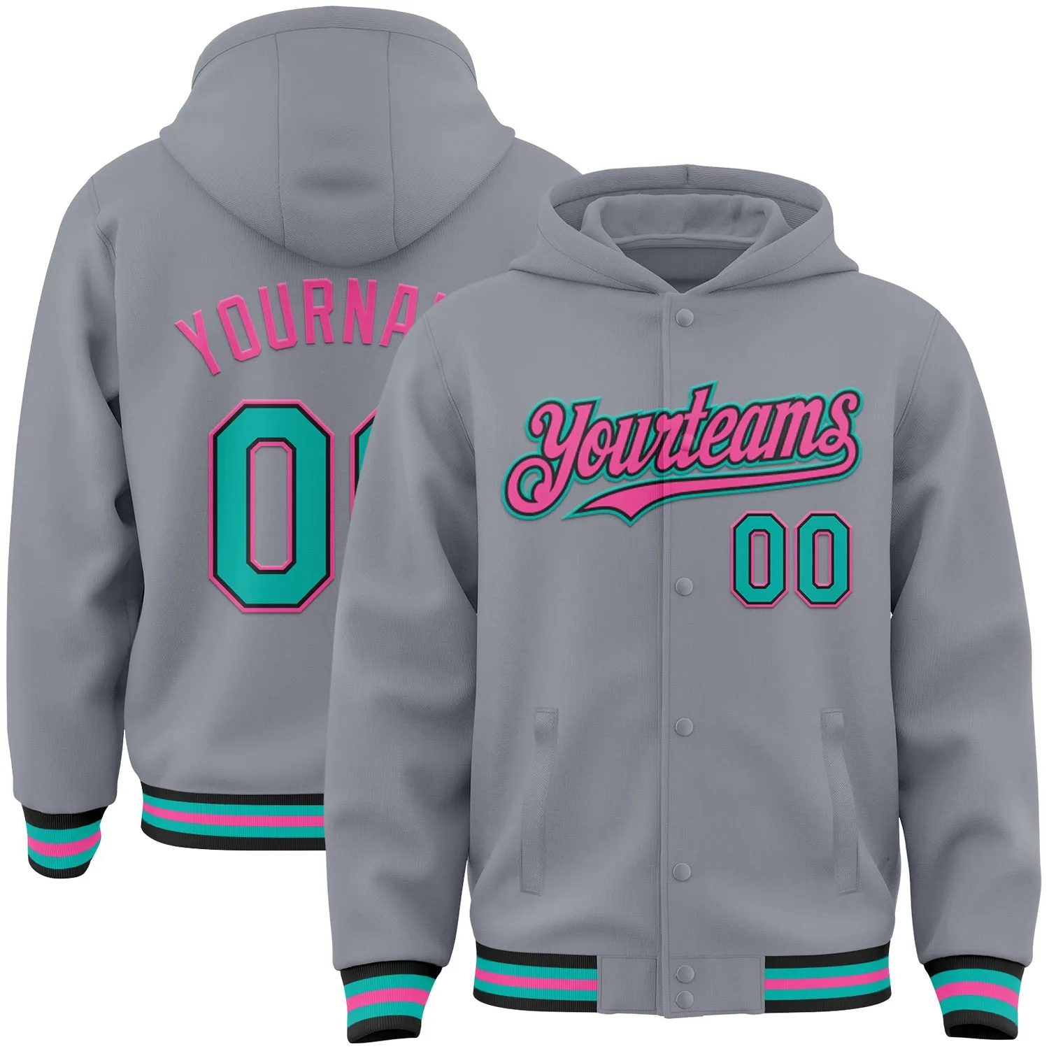 Custom Gray Aqua Black-Pink Bomber Full-Snap Varsity Letterman Hoodie Jacket