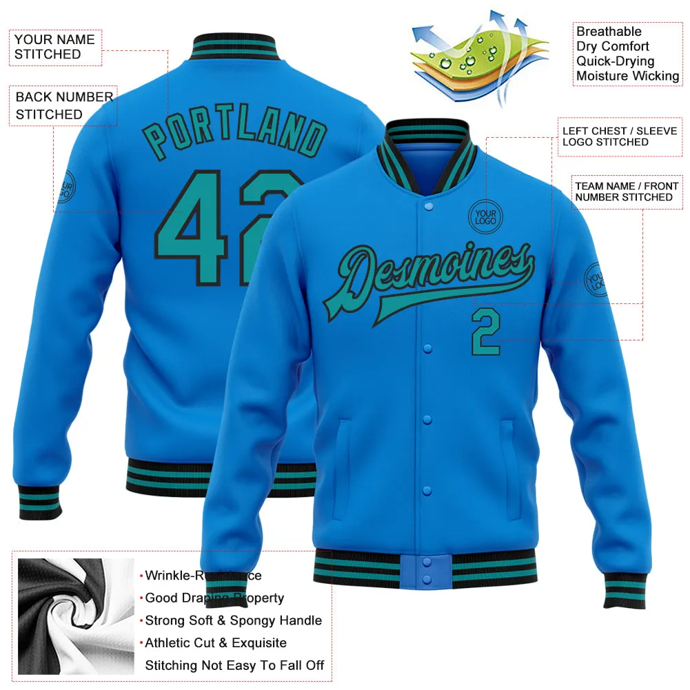 Custom Powder Blue Teal-Black Bomber Full-Snap Varsity Letterman Jacket