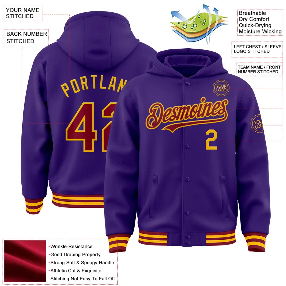 Custom Purple Crimson-Gold Bomber Full-Snap Varsity Letterman Hoodie Jacket