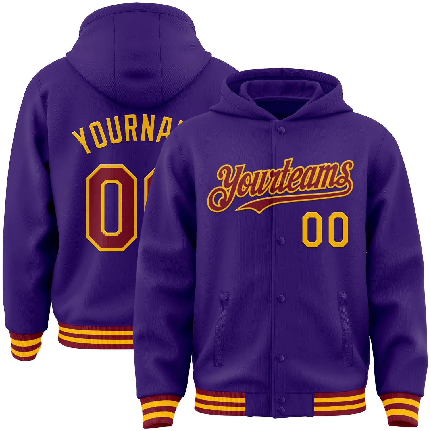 Custom Purple Crimson-Gold Bomber Full-Snap Varsity Letterman Hoodie Jacket