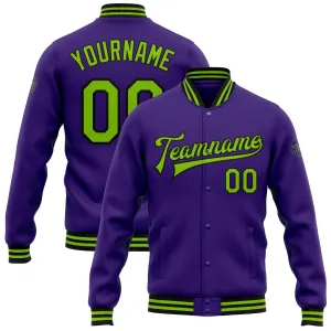 Custom Purple Neon Green-Black Bomber Full-Snap Varsity Letterman Jacket