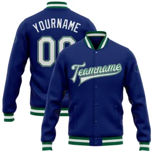 Custom Royal White Kelly Green-Gray Bomber Full-Snap Varsity Letterman Jacket