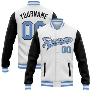 Custom White Light Blue-Black Bomber Full-Snap Varsity Letterman Two Tone Jacket