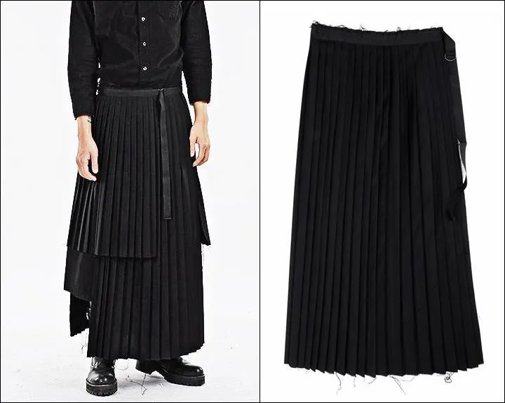 Dark Black Essentials Pleats Wrap Long Skirt //  Pleated Skirt Mens / Wear it with Drop Crotch Pants