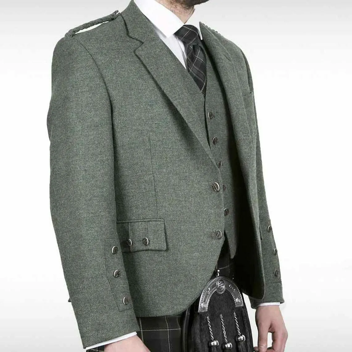 Dark Green Herringbone Tweed Braemar Jacket & Waistcoat