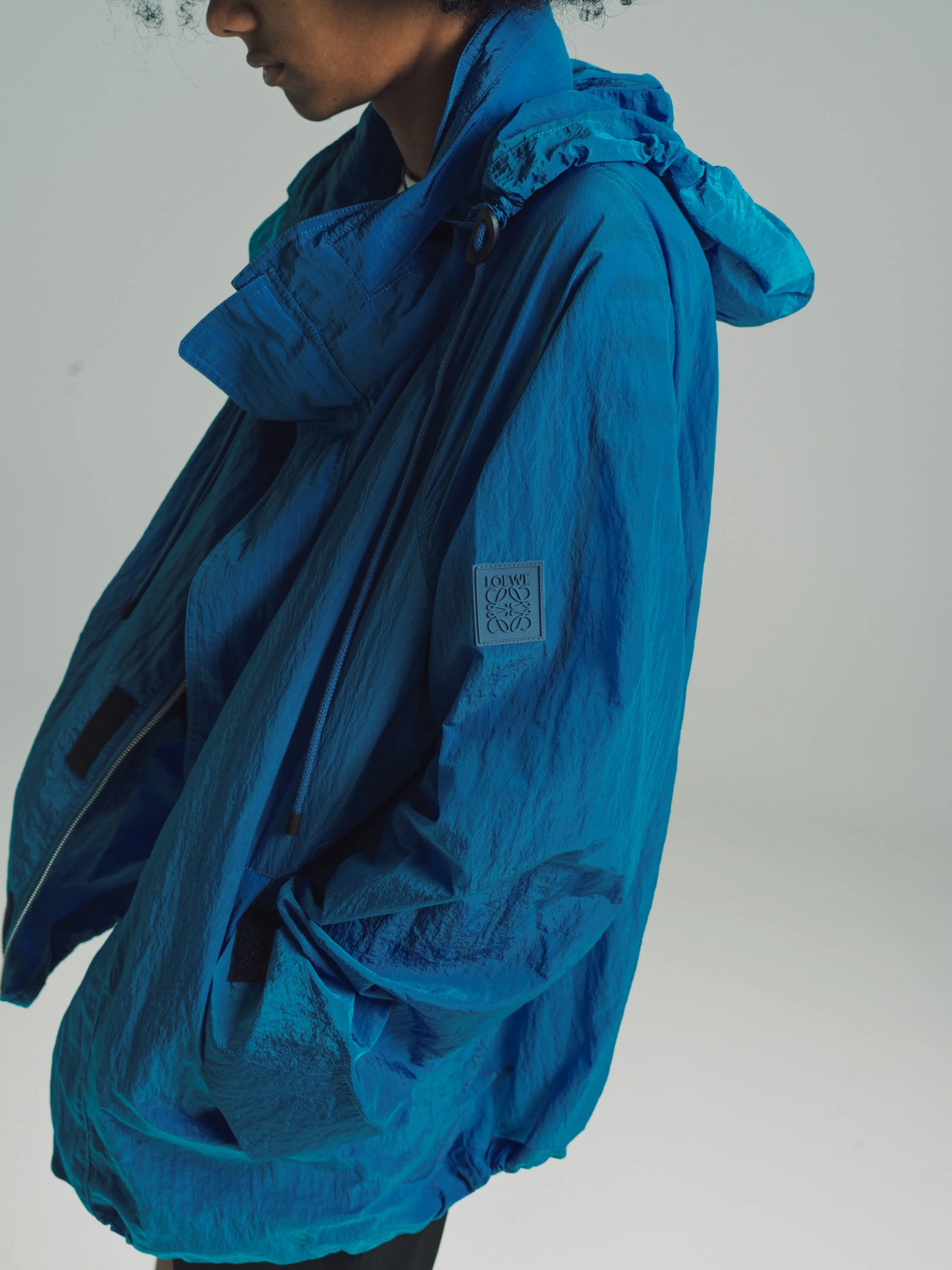 Dark Teal Blue Textured Nylon Hooded Parka